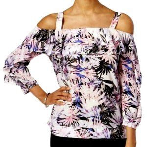 NYDJ Ruffled Top Cold Shoulder Pink Floral Palm Print Women's Large NEW
